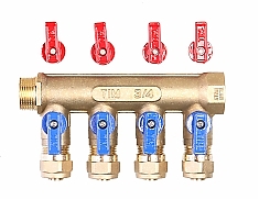 Коллектор м/п с шар.кранами 3/4"х16 ц-4 вых.красн+син,латунн.